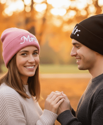 A close up, outdoor portrait of a smiling couple in an autumn setting with a blurred background of orange trees and leaves. The woman is wearing a pink beanie with white "Mrs." embroidery and the man is wearing a black beanie with white "Mr." embroidery. They are holding hands and facing each other, with the woman looking directly at the camera.