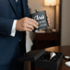 Personalised groom hip flask gift. Lifestyle image of a groom in a suit holding his custom flask, with the presentation box and funnel on a table. Ideal for wedding day accessories and groom gifts.