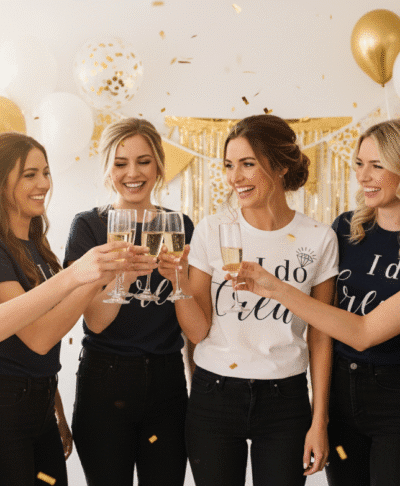 Lifestyle image of a group of happy women at a hen party, with the bride-to-be wearing a white short-sleeve 'Bride' t-shirt and the bridesmaids wearing matching navy blue 'Bridesmaid' t-shirts, promoting personalised hen party apparel and gifts.