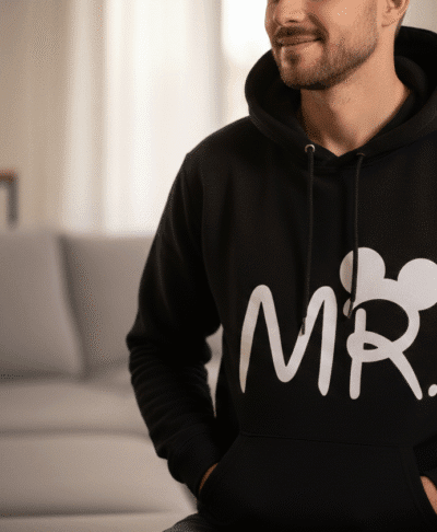 close up of a man sitting in a modern, brightly lit living room wearing a black hoodie. The hoodie features a large white graphic of the word "MR." where the "R" is styled with round mouse ears.