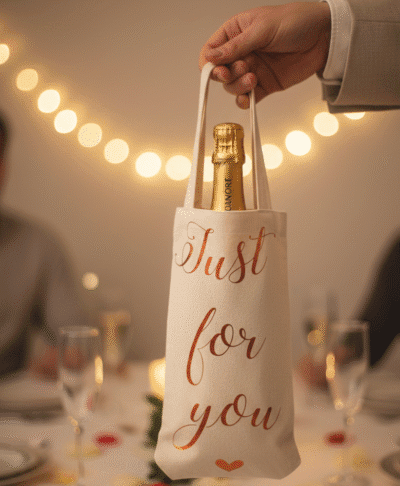 A hand wearing a suit jacket sleeve is holding up a canvas wine bottle bag containing a bottle of champagne. The bag is cream colored with copper foil script that reads "Just for you" and a small heart at the bottom. The background shows a dimly lit formal dinner table with champagne flutes, scattered rose petals, a lit candle, and blurred figures of people seated, suggesting a celebration or romantic setting.