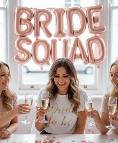 A celebratory hen party scene featuring three women sitting at a white table decorated with pink heart confetti and small gifts. The central woman wears a white 'Bride to be' t-shirt with gold script, while they all toast with glasses of champagne. Large rose gold 'BRIDE SQUAD' balloons are visible in the background against a bright window