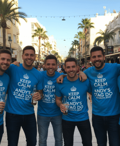 Custom stag do t-shirts blue matching group photo in Benidorm. Group of men wearing matching blue stag party tops drinking beer. Stag do tops with 'Keep Calm and It's Andy's Stag Do' slogan.