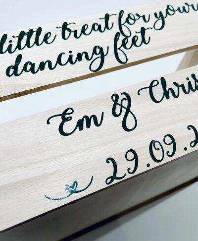Personalised wooden flip flop crate with personalised wedding details