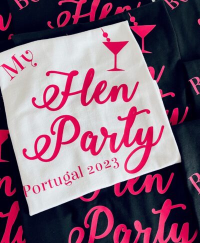 Personalised hen party vest with “My hen party” printed in hot pink lettering
