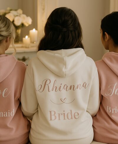 Personalised women’s fit bridesmaid hoodie in soft cotton, custom printed with name or wedding role – perfect bridal party gift and keepsake.