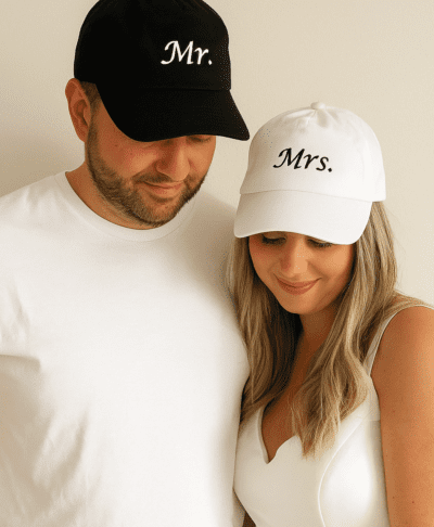 Black Mr embroidered cap with white stitching
