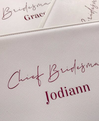bridesmaid white clutch bag with text