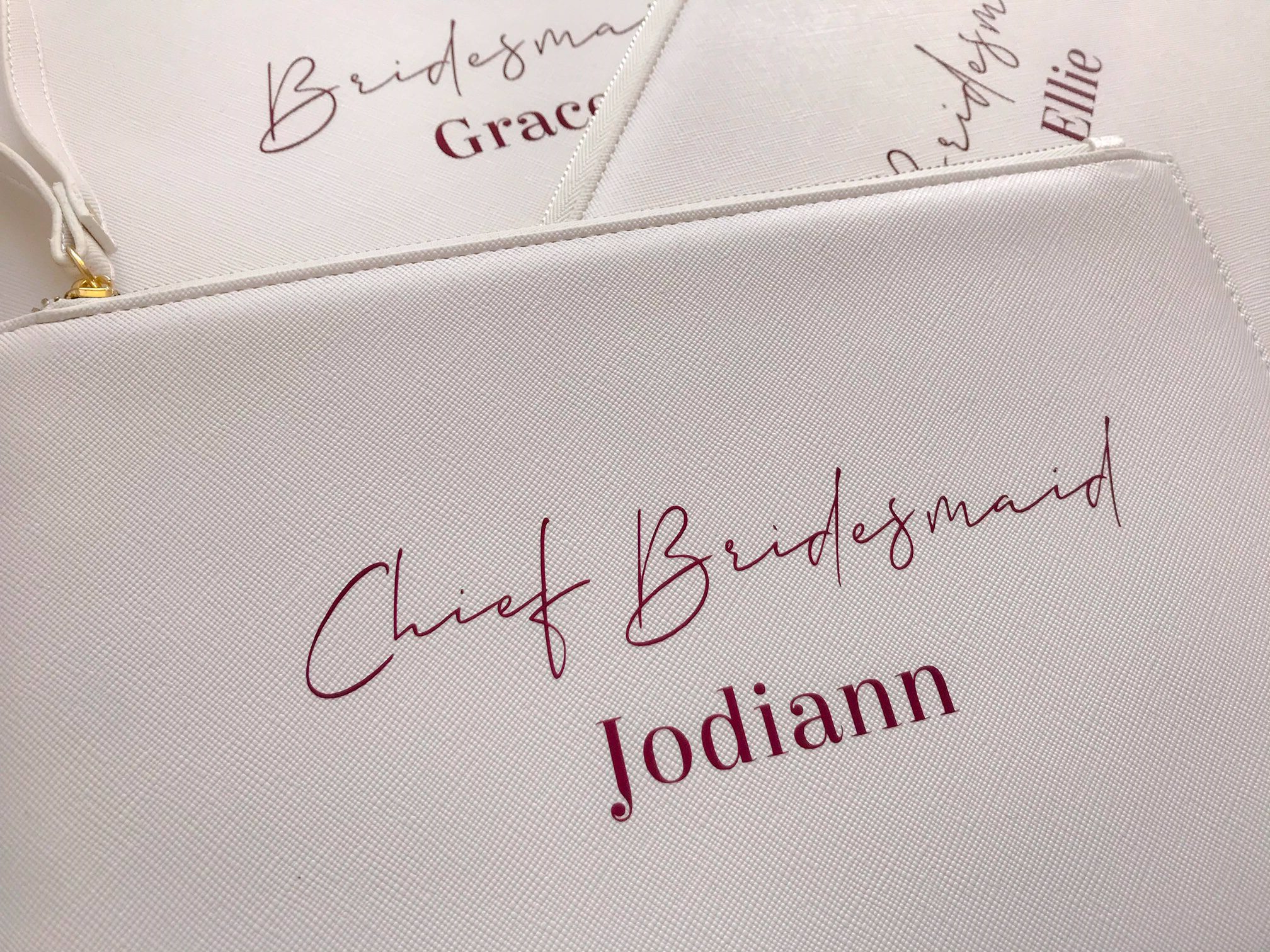 bridesmaid white clutch bag with text