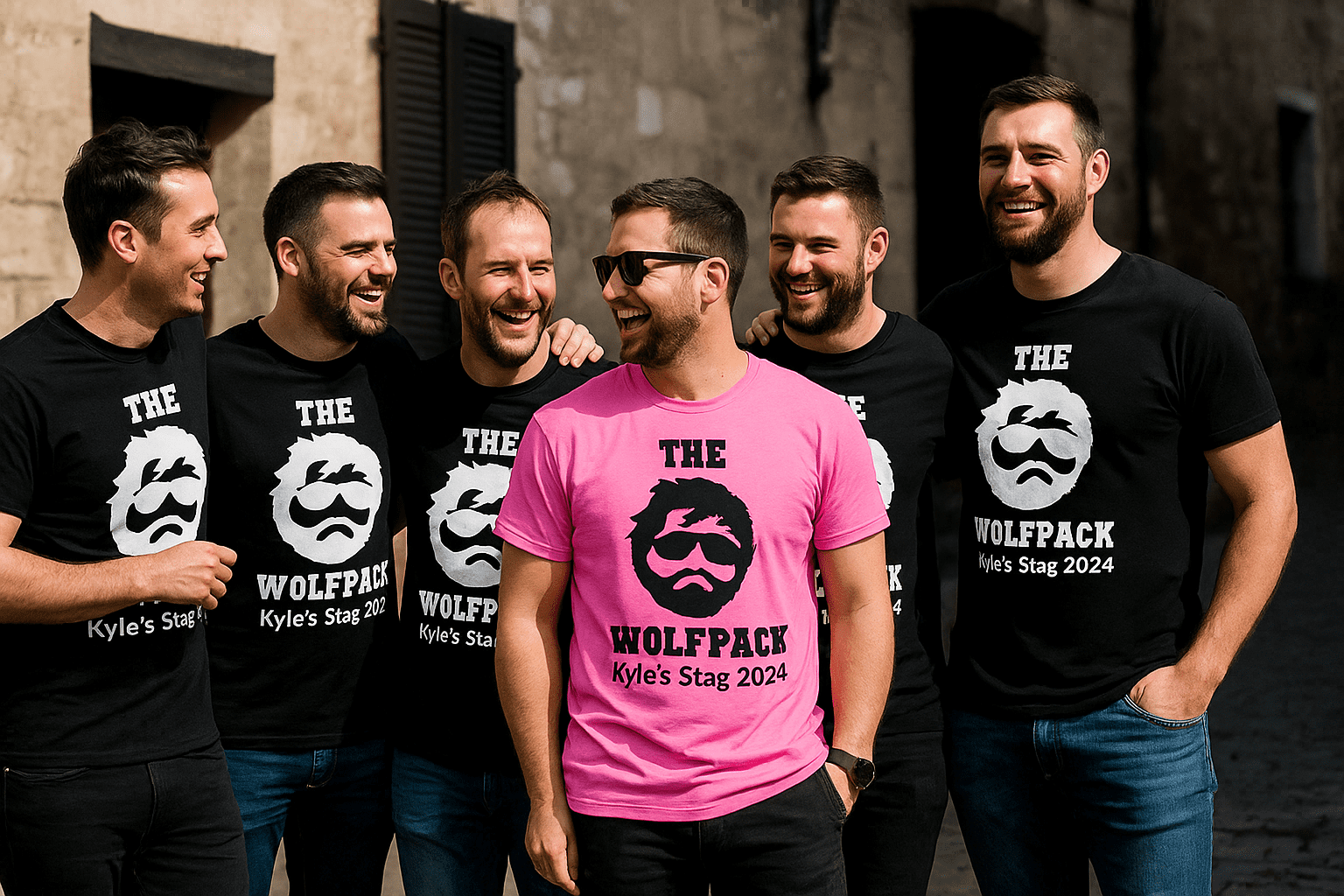 A group of six men are standing together outdoors, laughing and smiling while wearing matching black t-shirts that read “THE WOLFPACK Kyle’s Stag 2024.” One man in the center stands out in a bright pink version of the same shirt. The group appears to be enjoying a stag party on a sunny day, with stone buildings in the background.