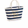 Navy and white striped personalised beach bag with gold “The New Mrs” text – ideal honeymoon tote for brides.