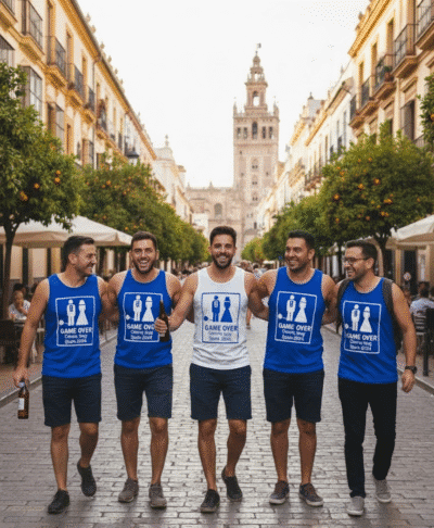 Five men are walking toward the camera on a cobblestone street in a historic European city, likely Seville, Spain. They are all wearing tank tops with a "GAME OVER Chris's Stag Spain 2024" graphic. Four men wear blue vests with white text, and the man in the center wears a white vest with blue text. The men on the ends are holding a glass bottle of beer. The background features yellow buildings with orange trees and the Giralda bell tower in the distance.