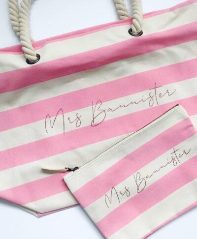 Personalised Glitter Name Stripe Beach Bag Set with custom name