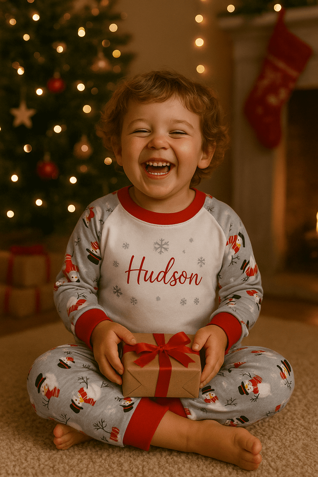 Child wearing festive Christmas pyjamas featuring a cheerful snowman design, with long sleeves and cosy matching bottoms, perfect for holiday celebrations.