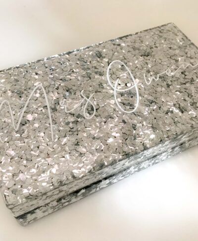Personalised glitter Mrs clutch bag with custom surname – bridal accessory