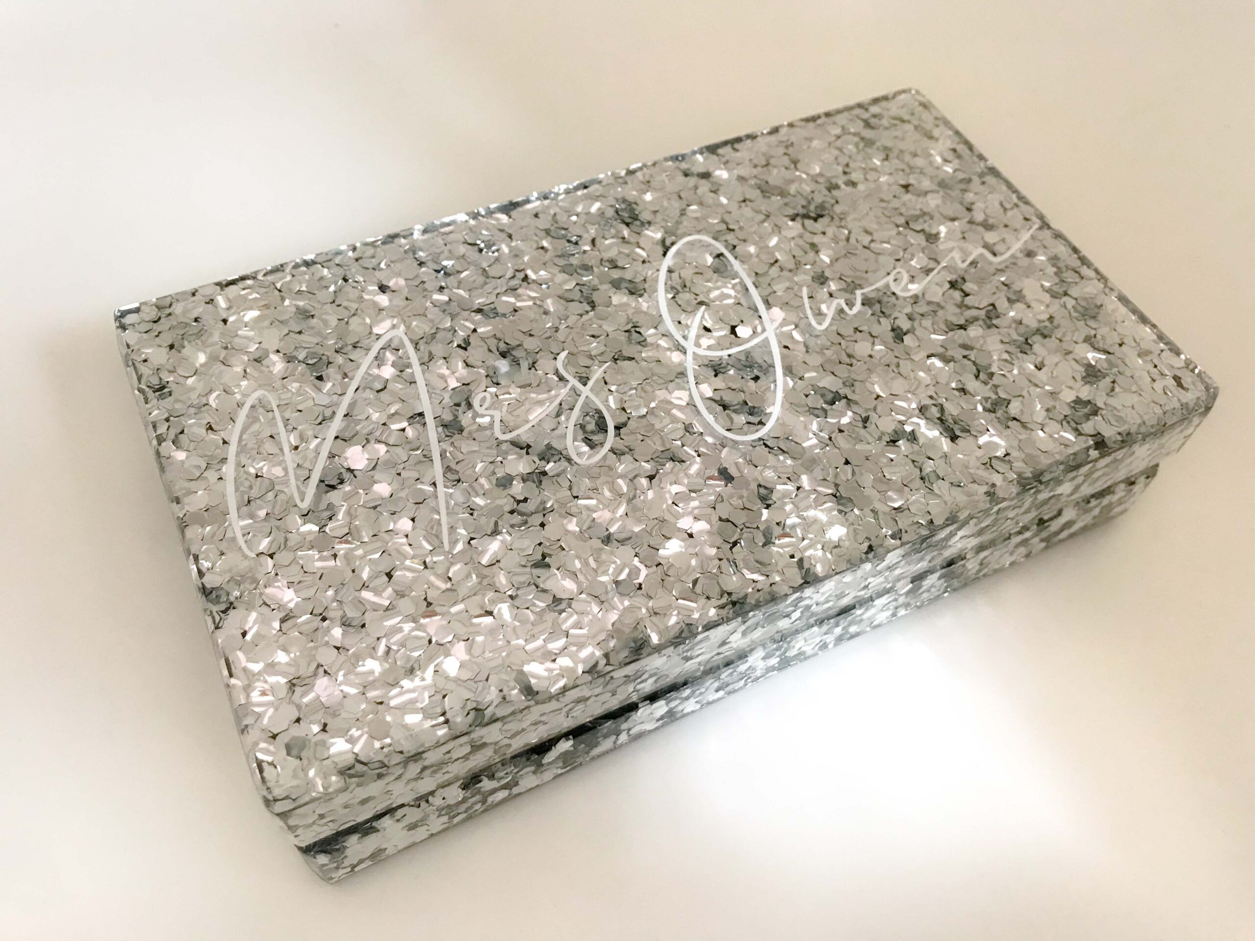 Personalised glitter Mrs clutch bag with custom surname – bridal accessory