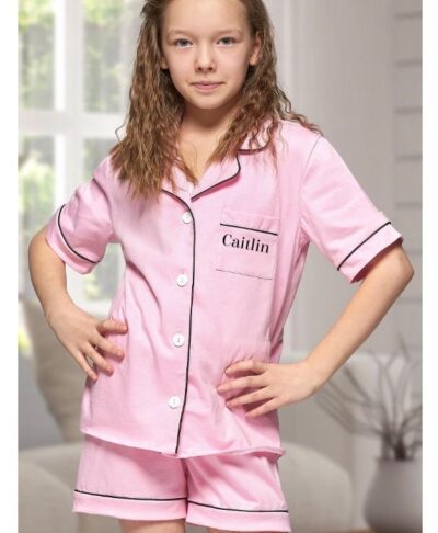 Personalised children’s cotton pyjamas with monogram initials – short set in pink