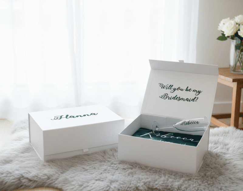 A lifestyle photo of a white bridesmaid gift box open on a furry rug. Inside are green satin items labeled 'Rebecca Bridesmaid' and a hand placing a personalised champagne flute inside. A second box lid labeled 'Will you be my bridesmaid?' and a third lid labeled 'Hanna' are visible. White roses are in the background.