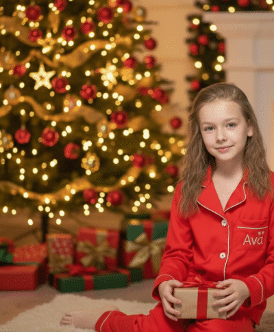 An image of a young girl sitting on a fluffy white rug in front of a brightly lit Christmas tree. She is wearing personalised red pyjamas with white piping and a white printed name, "Ava," on the pocket. She is holding a small, wrapped gift and smiling gently at the camera. The background is a cosy, festive living room with a fireplace and Christmas stockings visible.
