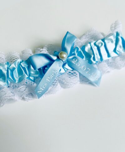 Personalised Something Blue Garter with lace and satin ribbon