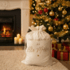 A cream velvet Christmas sack with gold text is placed on a light coluored floor next to a brightly lit, decorated Christmas tree. The sack is personalised with a name, and is surrounded by a few wrapped Christmas presents, creating a festive holiday scene.