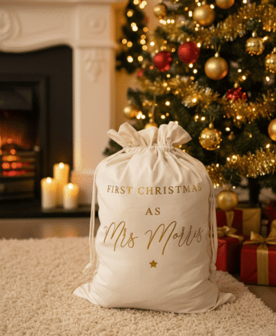 A cream velvet Christmas sack with gold text is placed on a light coluored floor next to a brightly lit, decorated Christmas tree. The sack is personalised with a name, and is surrounded by a few wrapped Christmas presents, creating a festive holiday scene.