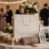 A large, matt white gift bag with matching handles sits in the foreground, surrounded by wedding related gifts on a white table.