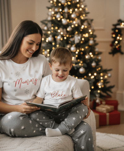 A warm, Christmas lifestyle image of a mother and her young son, Blake, sitting closely on a cosy sofa, reading a book together in front of a brightly lit Christmas tree and a decorated fireplace. They are both wearing matching white and grey star patterned pyjamas. The mother's shirt says "Mummy" and the boy's shirt says "Blake." The room is decorated for the holidays, creating a festive and intimate scene.