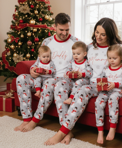 A joyful family of five, including a mom, dad, and three young children, are sitting together on a red couch in a cosy, festive living room on Christmas morning. They are all wearing matching pyjamas with white tops and grey trousers patterned with snowmen and Christmas elements. The mom's shirt says "Mummy" and the dad's says "Daddy." The children's shirts are white with red trim. They are smiling, opening gifts, with a beautifully decorated Christmas tree, a fireplace with stockings, and more presents surrounding them.